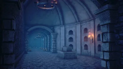 Medieval Dungeon, Walk in the Crypt, Coffins, Skulls, Candles, Skeletons 3D Vídeos de archivo 229148121