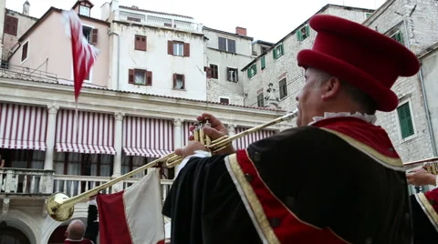 Medieval fanfare at a square Stock Footage 54670231