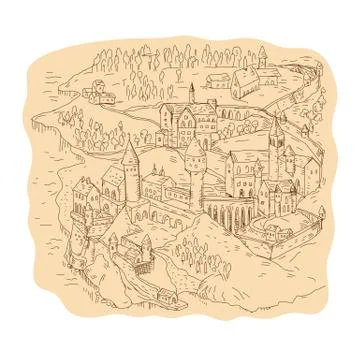 Medieval Fantasy Map Drawing Illustrazione stock
