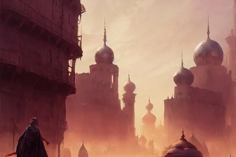 Medieval fantasy middle eastern trade capital city, photography, Digital illu Ilustración de archivo