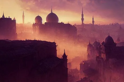 Medieval fantasy middle eastern trade capital city, photography, Digital illu Ilustración de archivo