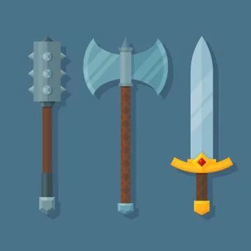 Medieval fantasy weapons flat illustration. Mace, axe and sword Stock Illustration
