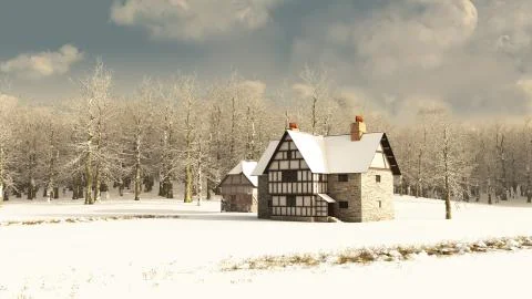 Medieval Farmhouse in Winter Stock Illustration