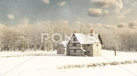 Medieval Farmhouse in Winter Snow Stock Illustration