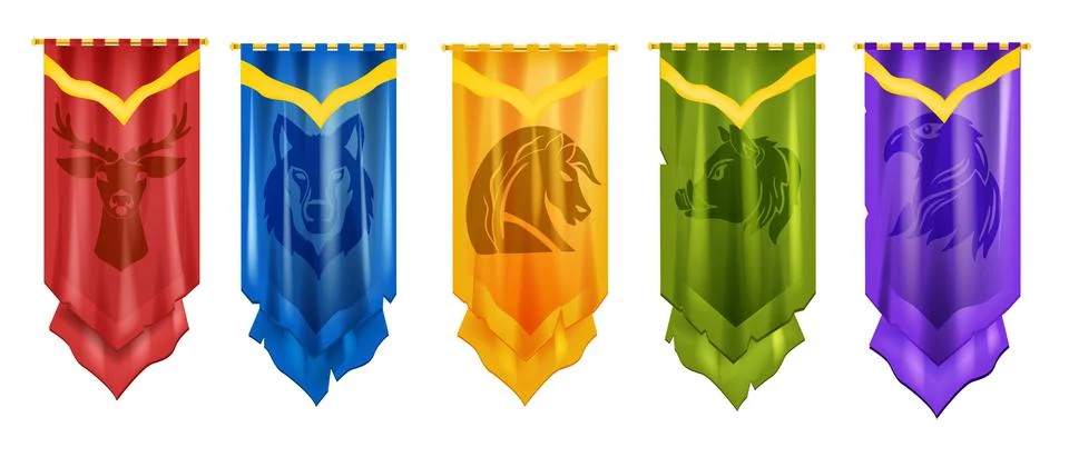 Medieval flag game vector icon set, knight old banner, wolf, deer, horse Stock Illustration