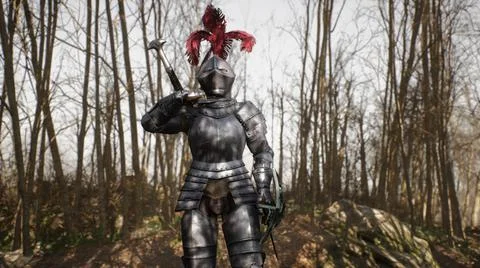 Medieval formidable knight strides through the morning forest on his way to the Stock Illustration