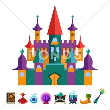 Medieval Fortress and Elements for Games. Vector Flat Stock Illustration