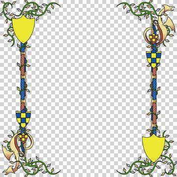 Medieval frame showing pillars entwining vines, shields, ribbons, vector, Stock Illustration