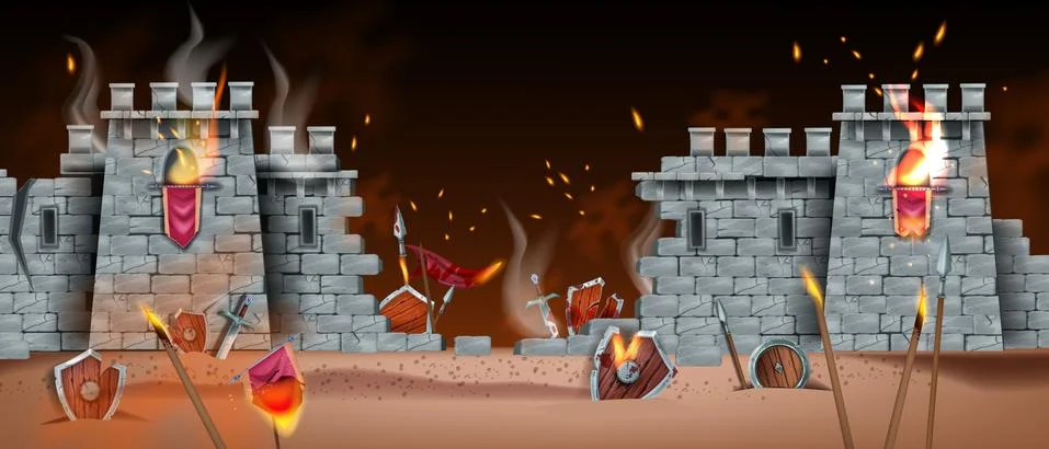 Medieval game battle background, vector battlefield war landscape Stock Illustration