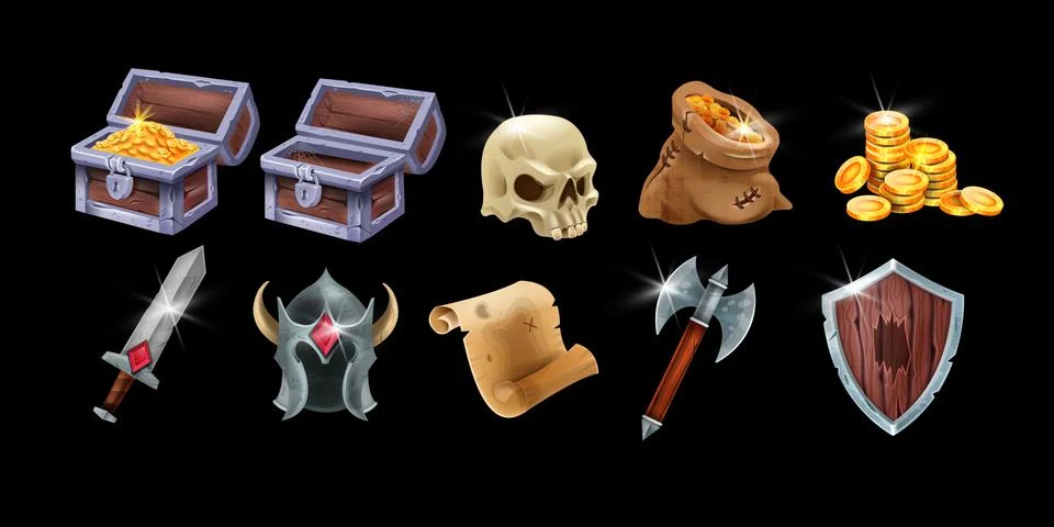 Medieval game interface icon set, vector magic weapon badge kit 스톡 일러스트