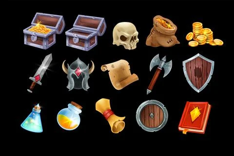 Medieval game interface icon set, gold coin pile, vector magic weapon badg イラスト素材