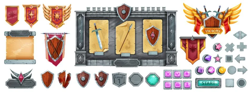 Medieval game interface vector menu button set, stone GUI icon design 스톡 일러스트