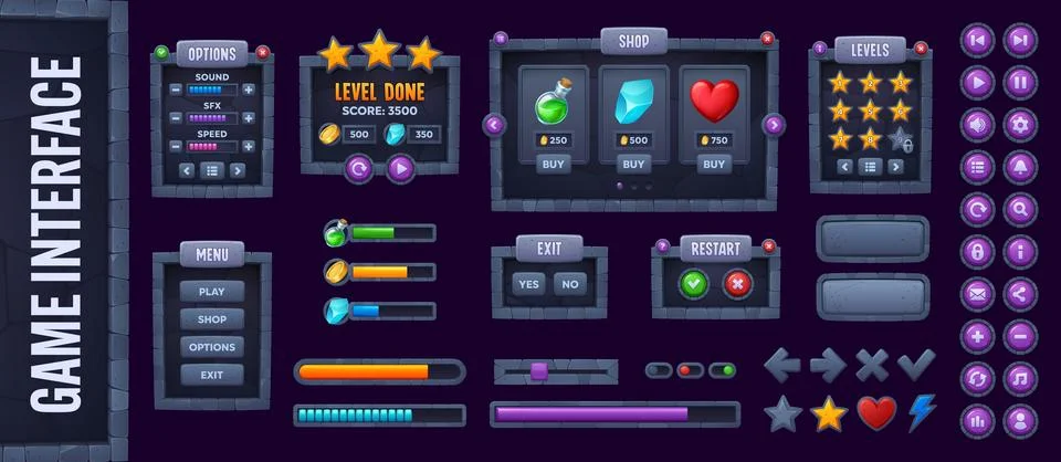 Medieval game UI interface buttons and window Stock Illustration