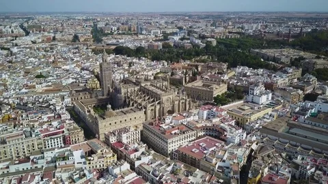 Medieval Gothic Cathedral of Seville (Sevilla) Spain.  4k drone footage. Stock Footage 82672853