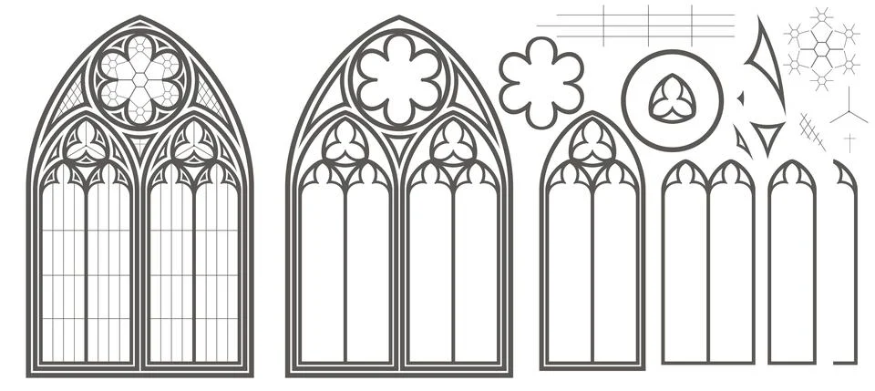 Medieval Gothic stained glass window vector set Stock Illustration