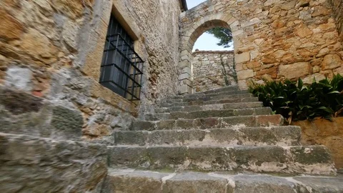 Medieval Gothic Stone Town Steady Cam Low Point of View Stock Footage 80554896