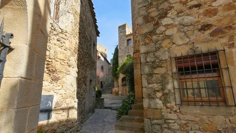 Medieval Gothic Stone Town Steady Cam Low Point of View Stock Footage 80554968