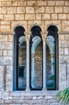 Medieval gothic window, La Ribera district of Barcelona, Catalonia, Spain Stock Photos