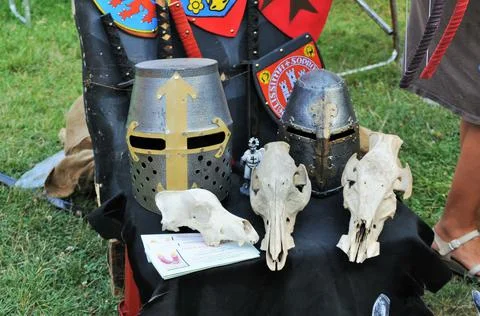 Medieval helmets and shields Stock Photos