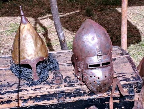 Medieval helmets Stock Photos