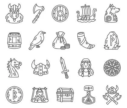 Medieval history viking set featuring warrior Stock Illustration