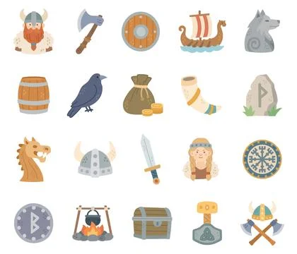 Medieval history viking set featuring warrior Stock Illustration