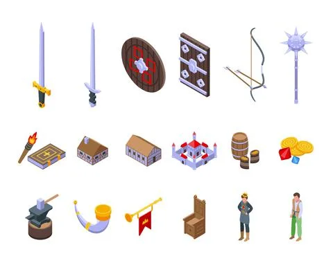 Medieval icons set isometric vector. History sword Stock Illustration
