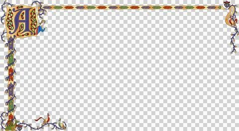 Medieval illuminated border design is featuring gold leaf initial, vines, animal Stock Illustration
