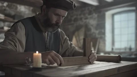 A medieval inventor checking geometric lines on a sketch with a wooden square 스톡 동영상 339631226