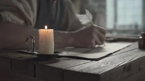 Medieval inventor drawing a flying machine wing design with a quill pen Stock Footage 337649575