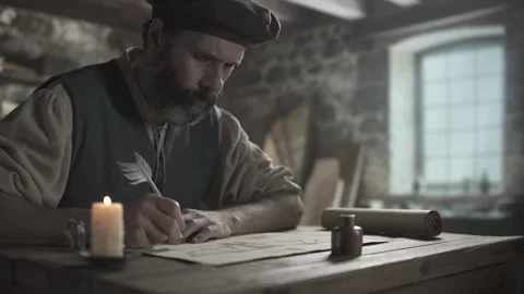 Medieval inventor pausing writing with a quill pen and examining a blueprint Stock Footage 340322590