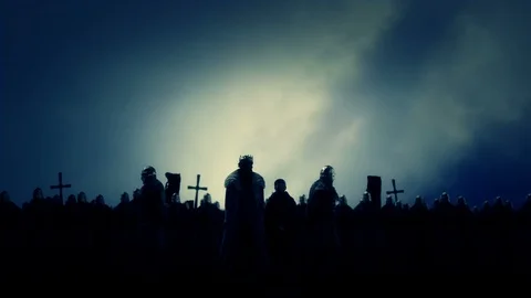 Medieval King and Priest Praying before going to War with a Massive Army behind Stock Footage