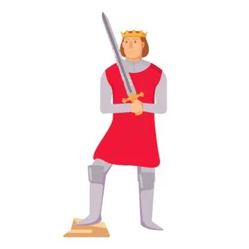 Medieval king in the crown and a sword in his hands.Warrior cartoon character Stock Illustration