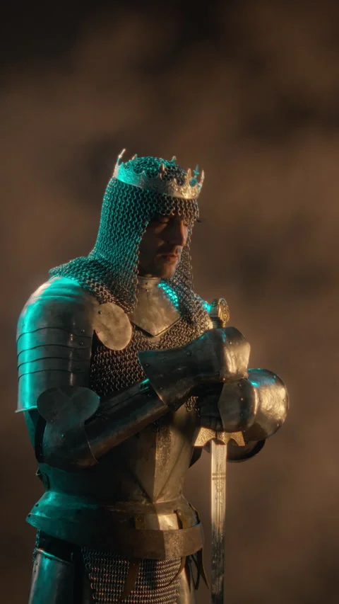 Medieval King in Knight Armor Holding Sword Looking Upward Stock Footage 345520033