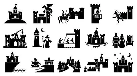 Medieval kingdom castle icon set with displays comprehensive collection Stock Illustration
