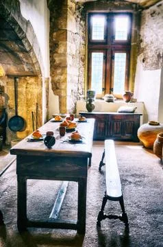 Medieval kitchen in old castle Stock Photos