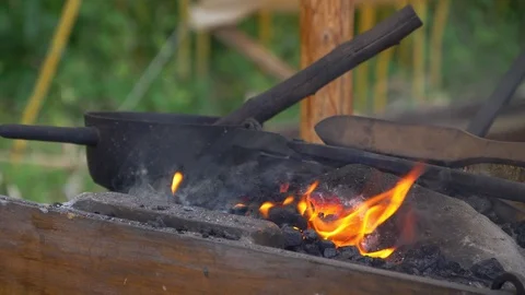 Medieval kitchen smoke and fire burning with pan and old wood Stock Footage 113106656