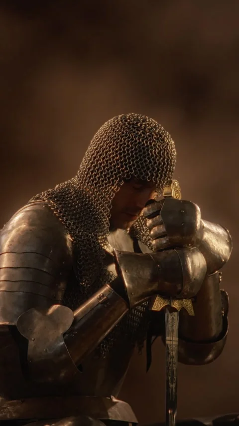 Medieval Knight in Armor Bowing Head in Prayer with Sword Stock Footage 345519292