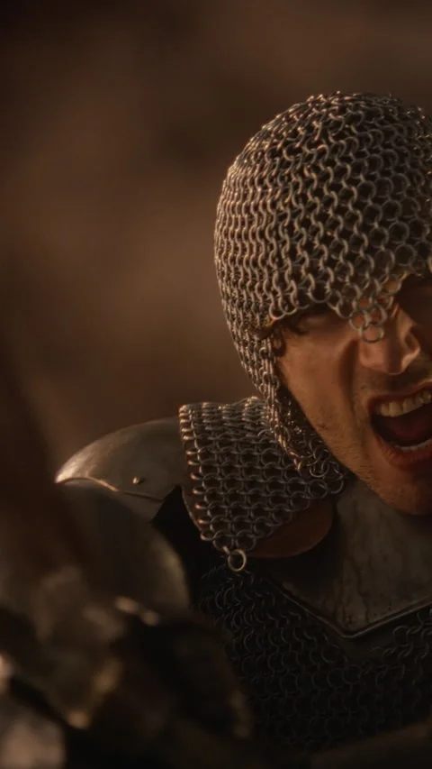 Medieval Knight in Armor Screaming during Intense Battle Stock Footage 345520828