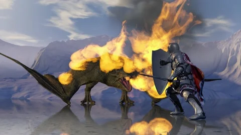 Medieval knight fights a fire-breathing dragon in the background of snowy Stock Footage 201408025