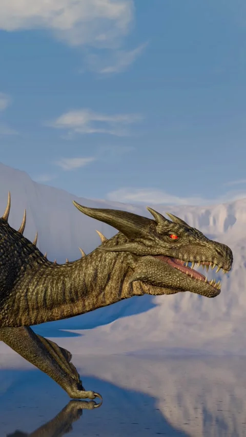 Medieval knight fights a fire-breathing dragon in the background of snow Stock Footage 311057565