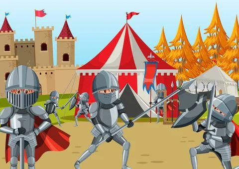 Medieval knight jousting tournament scene Stock Illustration