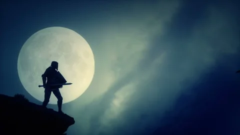 Medieval Knight Looking at a Dragon Flying in the Sky Stock Footage 122653257