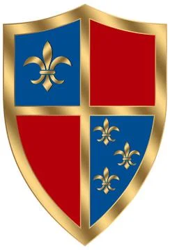 Medieval Knight Shield vector in gold, red and blue on white isolated back. Stock Illustration