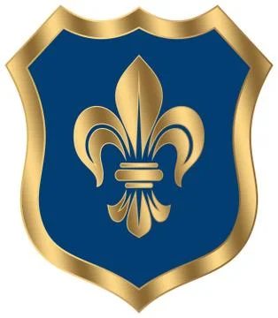 Medieval Knight Shield vector in gold and blue with lily on white isolated back. Stock Illustration