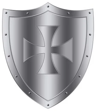 Medieval Knight Shield vector in silver on white isolated background. Stock Illustration