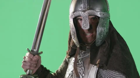 Medieval Knight Wields Sword on Greenscreen Stock Footage 45991108