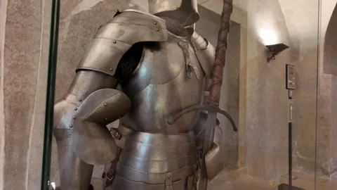 Medieval knight's armor with a big two-handed sword in Orawski castle Oravský Stock Footage 314107336
