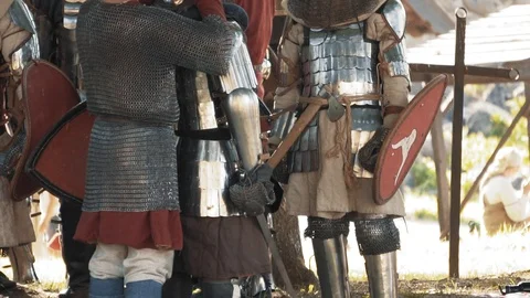 Medieval knights warriors getting ready for battle Stock Footage 110679390