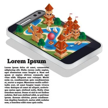 Medieval landscape with the river in the form of a mobile application. Stock Illustration